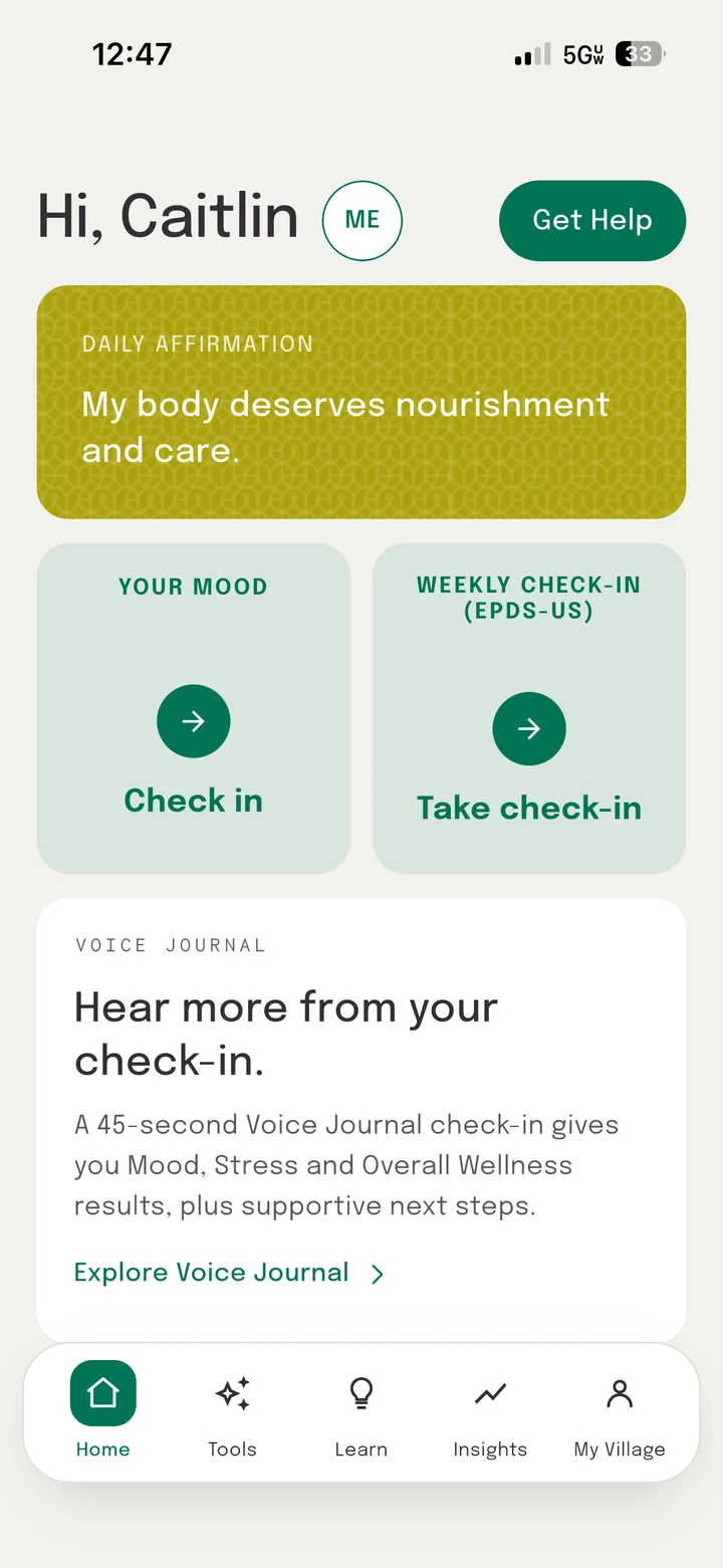 VillageFor home screen with a daily affirmation, mood check-in and weekly EPDS-US check-in