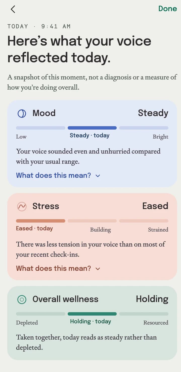 Voice Journal results showing Mood, Stress and Overall wellness